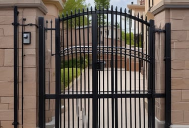 Technician installing a biometric access control panel at the entrance of a commercial building.