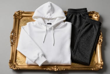 A flat lay of luxury apparel featuring a heavy-weight pure brilliant white hoodie and charcoal black joggers, folded neatly on a rich antique gold tray. Studio lighting, minimalist aesthetic.