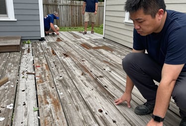 Close-up of a skilled craftsman replacing old deck boards with fresh wood, showing attention to detail.