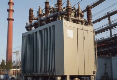 Industrial workspace with engineers reviewing transformer specifications under steel-green ambient lighting.