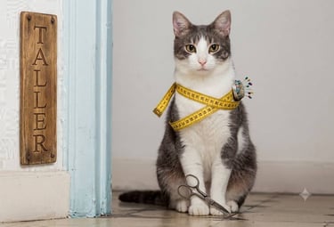 Gatito con cinta métrica en su taller de costura.