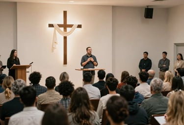 A joyful baptism ceremony outdoors with family and friends celebrating by a peaceful river.