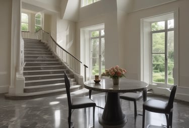 Stone garden pathway with granite tiles surrounded by lush greenery.