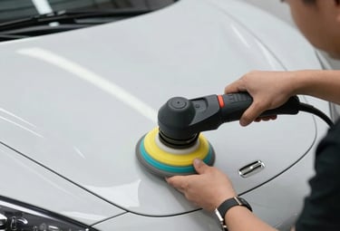 Shiny black car hood reflecting light after professional polishing.