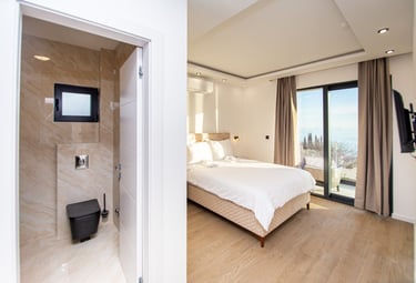 Luxury sea view king bedroom with private terrace and marble bathroom at Villa Aurora Azure Monteneg