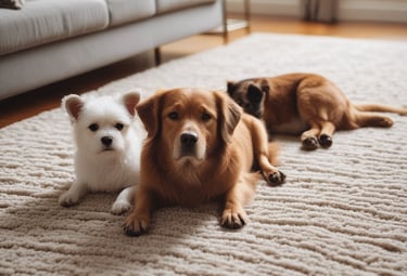 Friendly technician smiling while holding carpet cleaning tools in a bright living room.