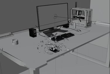 A 3D CGI rendering of a gaming PC setup on a desk with a monitor and keyboard.