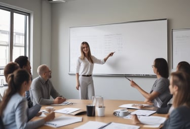 A consultant discussing marketing plans with clients over a table.