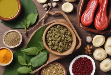 Close-up of herbal medicines and natural remedies used in treatments.