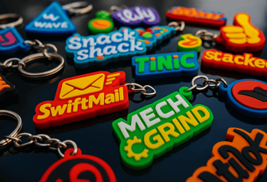 3D printed logo keychains on dark surface. Custom branding merch for business promotion.