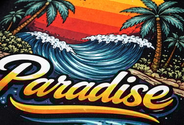 a black shirt with a sunset and palm trees