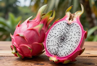 Close-up photography of a fresh dragon fruit sliced in half, vibrant pink skin and white flesh with black seeds, sitting on a wooden surface in a Latin American tropical farm environment.