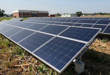 A field of solar panels situated in a rural North American landscape, with a community college building visible in the background. Bright, natural lighting emphasizes a clean, sustainable future.