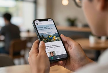 A South American / Brazilian professional using a smartphone to navigate a website, focused expression, sitting in a bright cafe environment, showing technology as a tool for career growth.