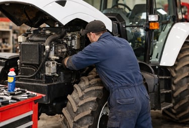 Ένας μηχανικός τρακτέρ επισκευάζει ένα lamborghini τρακτέρ στη μηχανή του