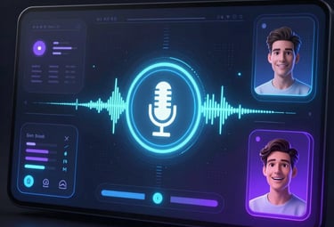 Glowing white outlined icon of a futuristic AI voice assistant with glassmorphism effect.