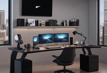 A cozy home office with a laptop, coffee cup, and productivity planner open.