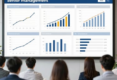 An executive reviewing a digital dashboard with key performance indicators in a bright office.