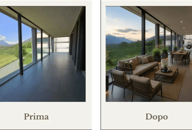 Prima e dopo di una grande terrazza. Prima vuota e dopo arredata in modo moderno ed elegante