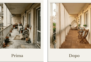 Prima e dopo della trasformazione di un terrazzo a pianta rettangolare