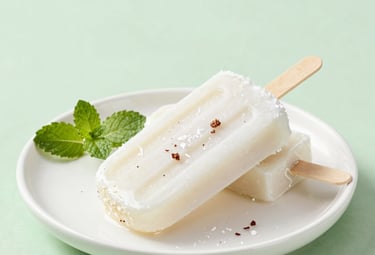 A gourmet coconut milk popsicle with visible shredded coconut pieces, lying on a minimalist white ceramic plate. Beside it is a small branch of green mint. The style is clean and sophisticated, with light green accents in the soft background.