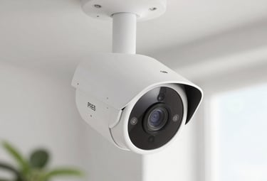 Close-up of a security camera mounted on a wall overlooking a residential area.