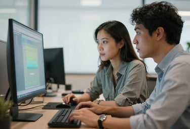 Two professionals collaborating in a bright, modern Brazilian office, looking at a computer screen that reflects soft green and blue lighting.