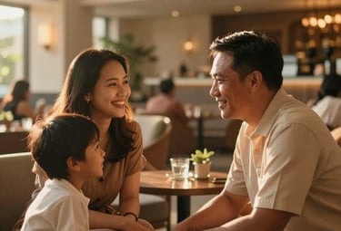 Candid, cinematic photograph capturing a warm and genuine interaction between a Southeast Asian / Indonesian couple or small family in a luxurious yet cozy hotel lounge or restaurant. The focus is on their emotional connection, with natural smiles and comfortable body language. Soft, inviting golden hour light streams into the space, creating a warm, ambient glow. The composition uses the rule of thirds, with the subjects slightly off-center. The elegant hotel decor in the background is subtly blurred, enhancing the intimate atmosphere. The photography style emphasizes warmth, comfort, and high-end hospitality, with warm tones of beige, brown, and soft orange.