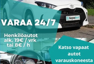 Henkilöautot alkaen 8€/h, 19€/pv Helppo varaus ja avaimeton käyttö puhelimella.