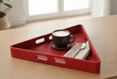 Red cork triangular serving tray with handles holding a coffee cup and spoon on a wooden table.