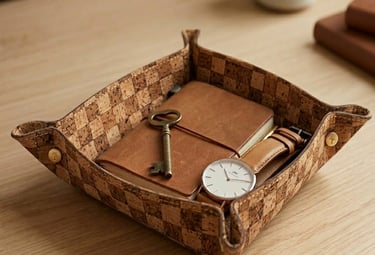 Handmade cork valet tray holding a leather journal, watch, and brass key on a wooden desk.
