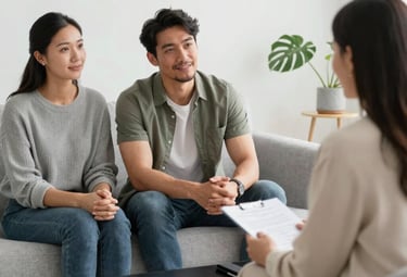 A welcoming therapy space with colorful artwork and cozy furniture.