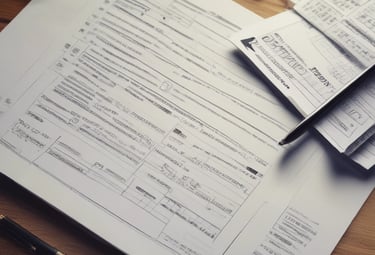 Professional business documents and legal forms on a wooden desk with a pen for signing.