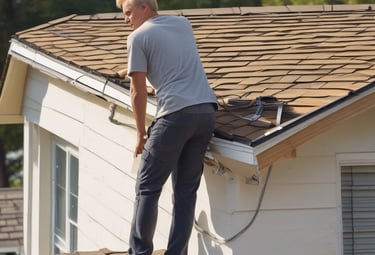 A carpenter measuring and cutting wood framing on a sunny construction site.