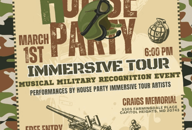 House Party Immersive Tour poster for a military recognition musical event on March 1st in Capitol Heights.