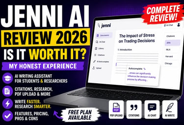 enni AI Review 2026 YouTube thumbnail featuring a laptop displaying the Jenni AI writing platform, l