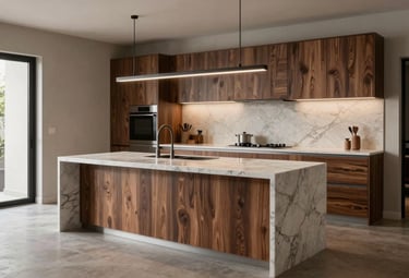 A spacious modular kitchen with a central marble-top island, walnut wood textures, and minimalist pendant lighting, set in a modern South Asian interior.