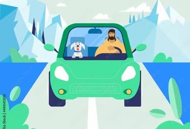 Animated picture of Maltese dog in car with new parent. 