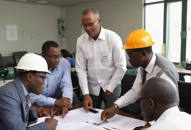 Consultants discussing business plans in a modern office setting.
