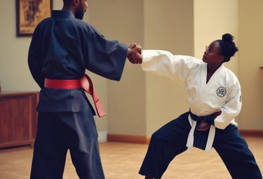 A welcoming martial arts club with diverse people practicing together.
