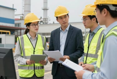 Technicians conducting air and water quality tests at an industrial site.