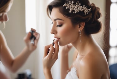 Close-up of a professional esthetician gently applying makeup on a smiling client.