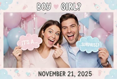 Happy couple at a gender reveal party holding cloud signs surrounded by pink and blue balloons.