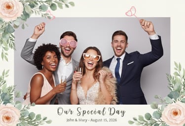 Friends celebrate at a wedding photo booth with floral border, fun props, and champagne.