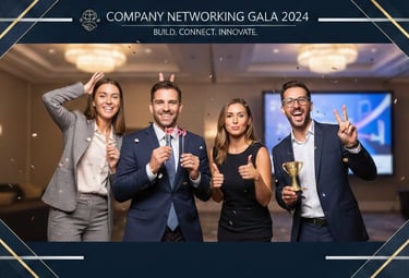 Smiling business professionals celebrating at a company networking gala with awards and photo booth props.
