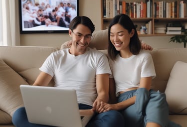 Young woman wearing headphones on bed with laptop.