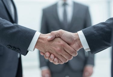 A close-up of a professional handshake between two people in business attire. The focus is sharp on the hands, symbolizing a successful agreement. The lighting is professional and clean, using tones of #F5F8FA and #4F6F8F.