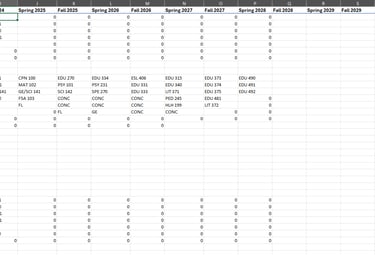 Consolidated academic planning worksheet combining advising data across multiple students.