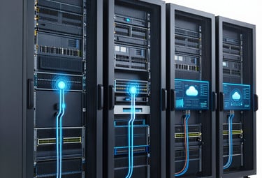 A minimalist drawing of servers transitioning from old to new hardware.