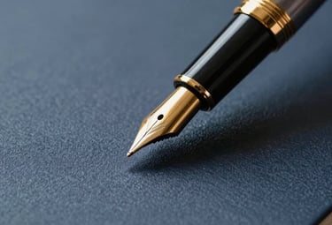 Macro photography of a professional signing a legal document on a high-quality textured paper. A gold-detailed fountain pen is in focus, with the setting being a formal Brazilian office. The colors are dominated by dark blue gray and gold accents.